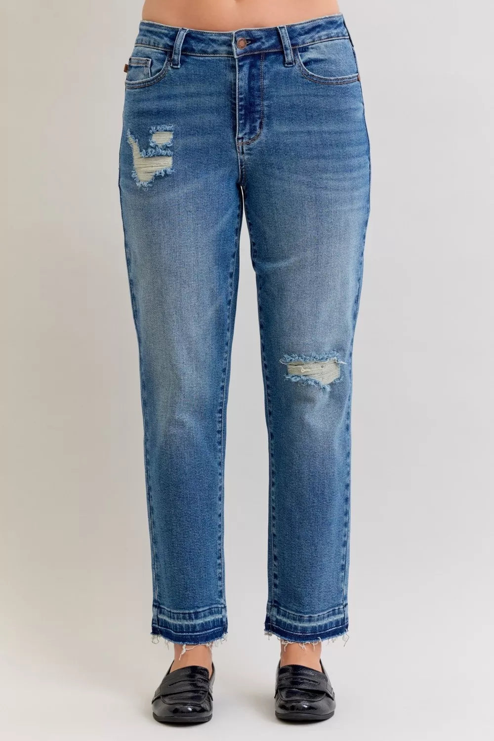 Judy Blue Full Size Mid Rise Bf Patch & Repair Destroy Release Hem Jeans Plus Size in MD - photo