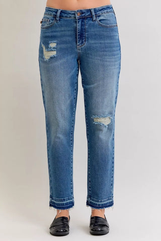 Judy Blue Full Size Mid Rise Bf Patch & Repair Destroy Release Hem Jeans Plus Size in MD - photo