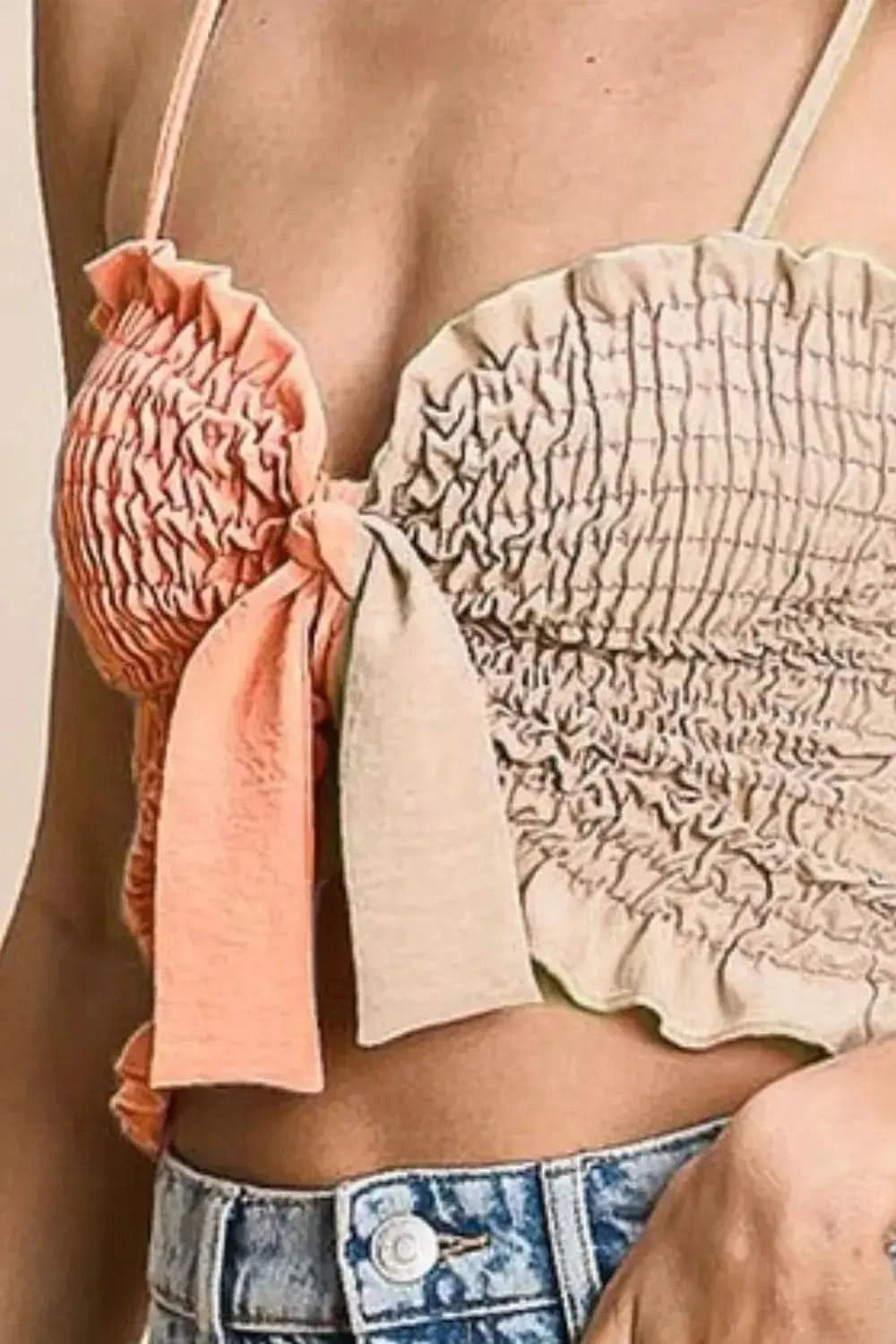 BiBi Woven Color Block Smocked with Ribbon Bra Top - SwagglyLife Home & Fashion