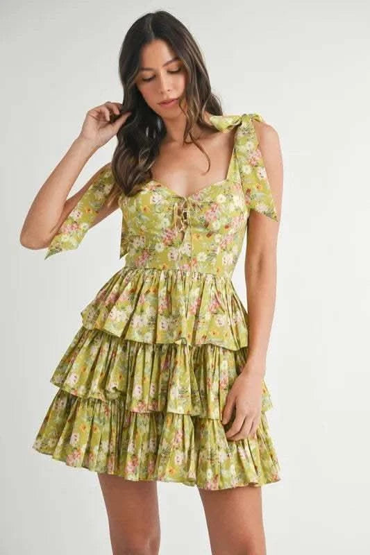 MABLE Floral Print Shoulder Tie Layered Mini Dress in - photo