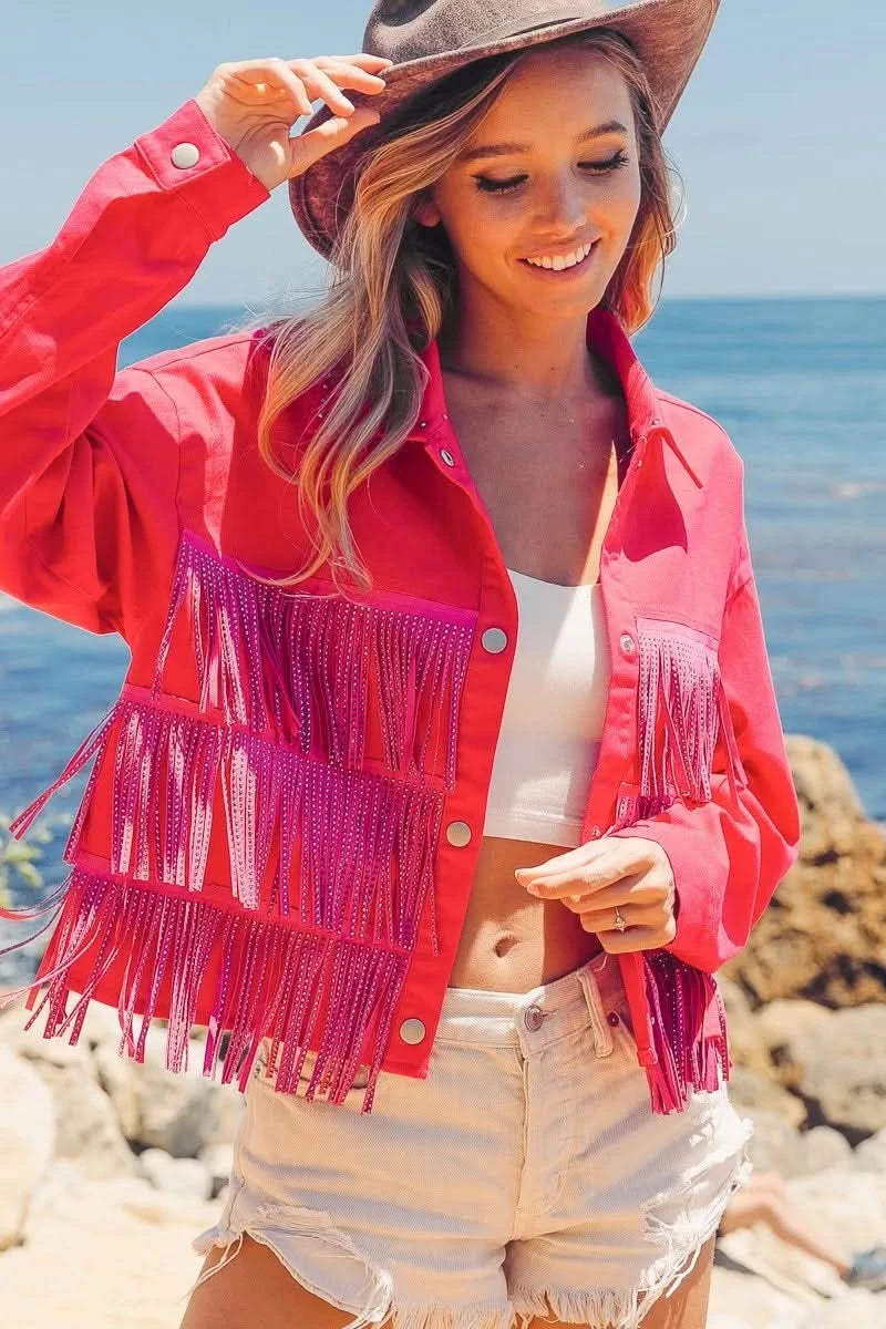 BiBi Rhinestone Fringe with Studed Collar Jacket in - photo