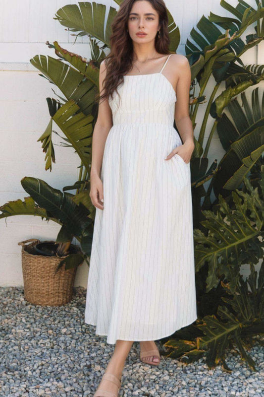 Stripe Square Neck Cami Dress with Pockets in White - Dresses photo