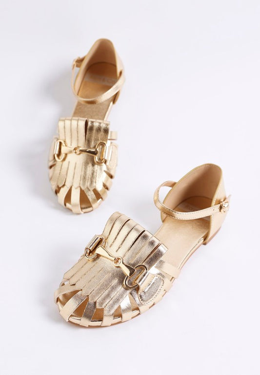 Noori Metallic Fringe Flat Sandals in Gold - photo