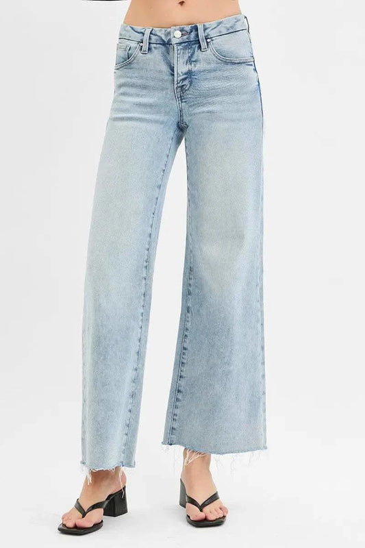 RISEN Full Size Tummy Control Low Rise Wide Leg Raw Cut Hem Jeans Plus Size in - photo