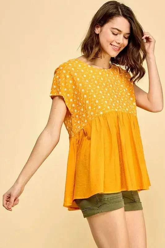 Lime 'N' Chili Embroidered Short Sleeve Pleated Babydoll Top in - photo