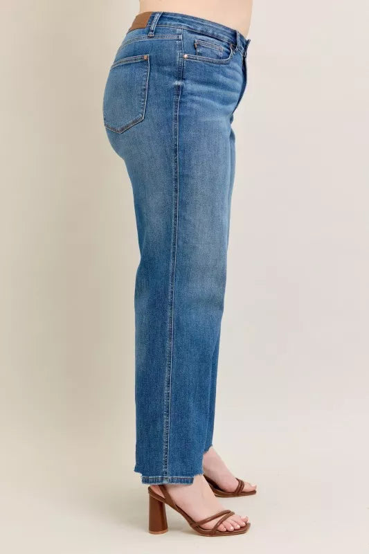 Judy Blue Full Size High Waist Tummy Control Chew Hem Destroy Wide Jeans Plus Size in - photo