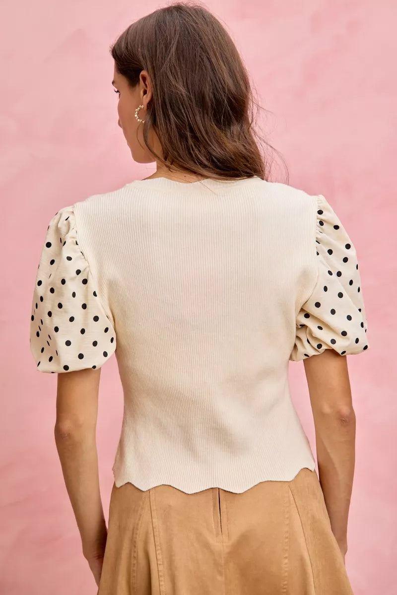 SO ME Polka Dot Contrast Woven Ballon Sleeve Blouse in - photo