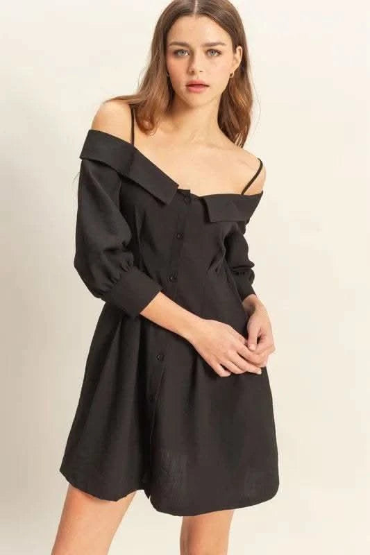 HYFVE Button Down Spaghetti Strap Mini Dress with Pockets in Black - photo