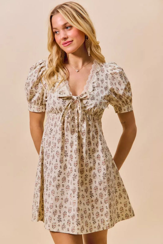 SO ME Floral Print Lace Trim Short Sleeves Mini Dress in BLUSH - photo