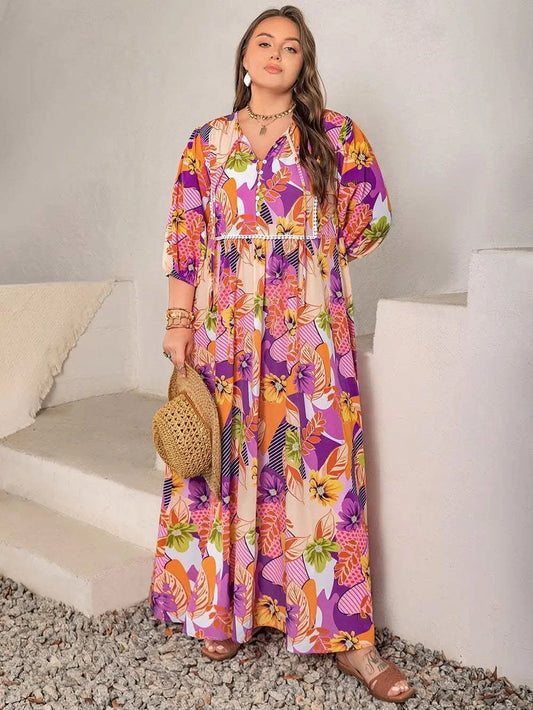 Plus Size Printed Tie Neck Maxi Dress in - photo