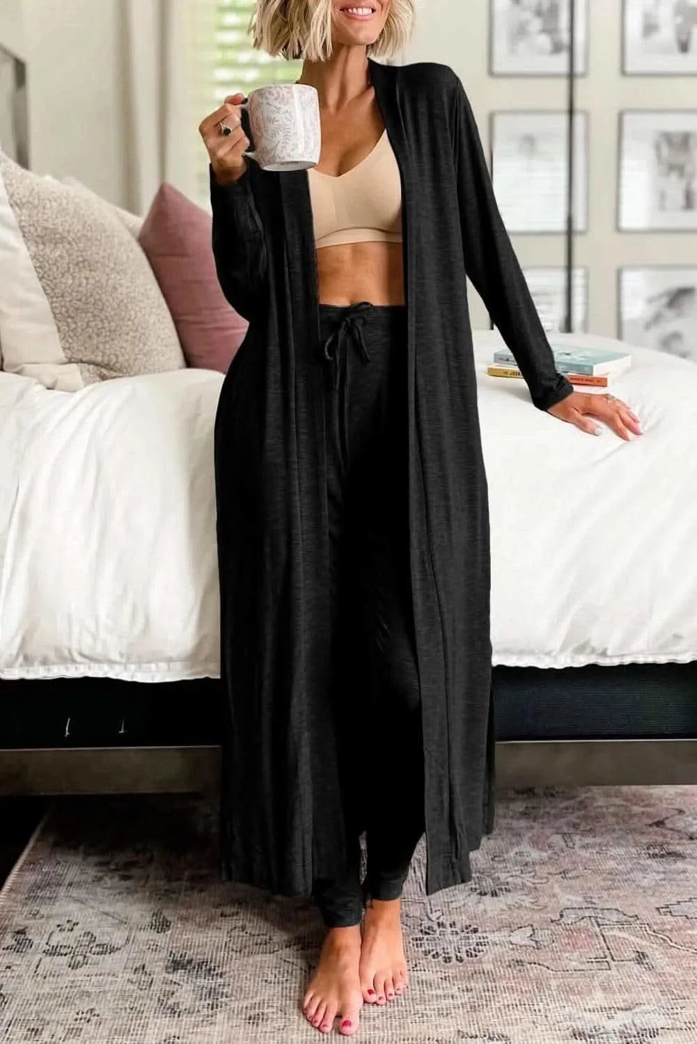Open Front Long Sleeve Cardigan and Pants Lounge Set in Black - Loungewear set photo