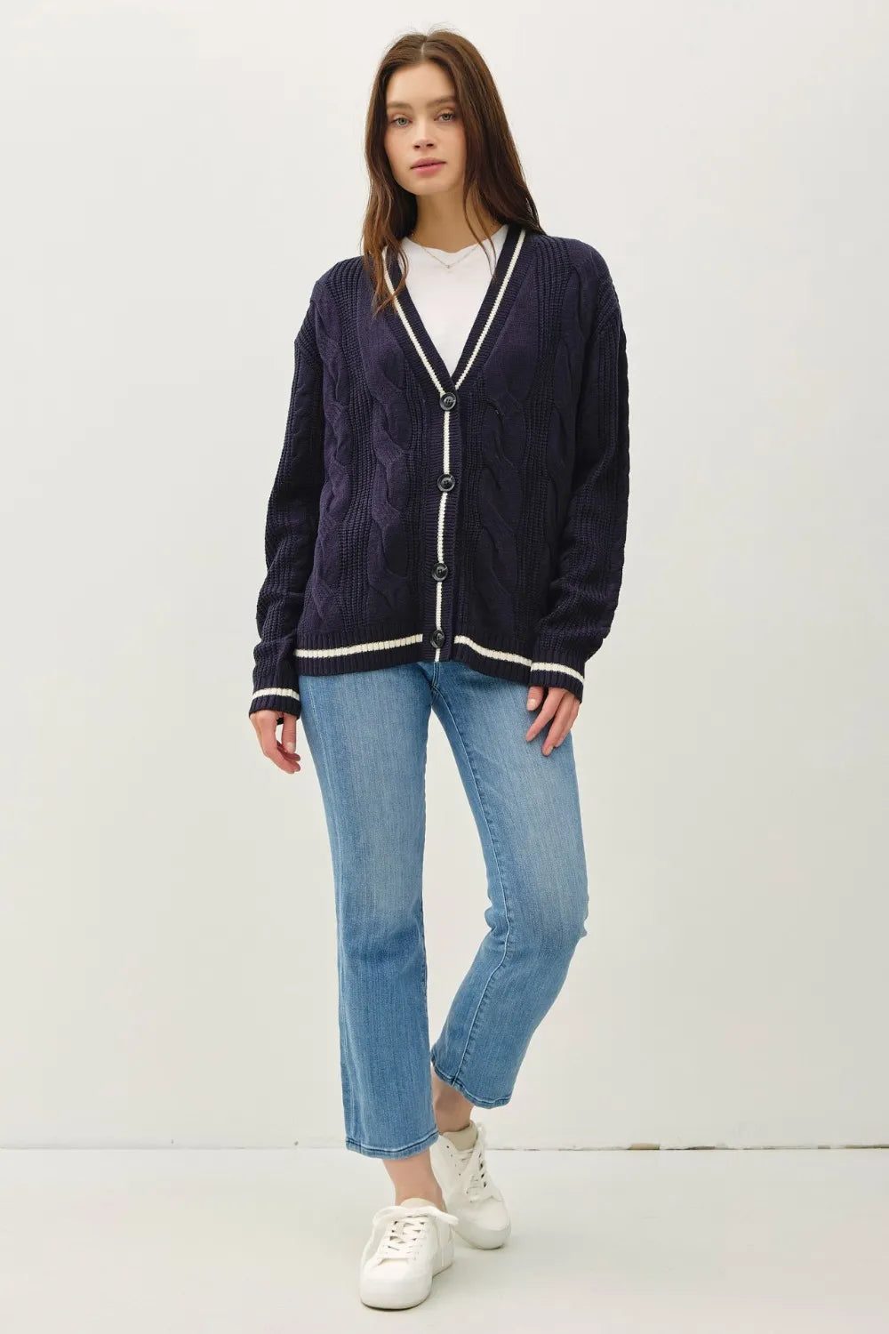 Be Cool Contrast Trim Cable-Knit V-Neck Cardigan - SwagglyLife Home & Fashion