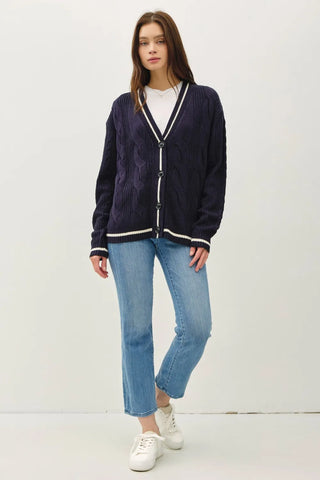 Be Cool Contrast Trim Cable-Knit V-Neck Cardigan - SwagglyLife Home & Fashion