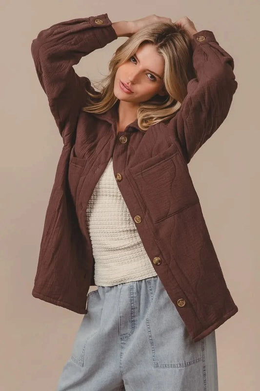 BiBi Quilted Wrinkle Gauze Long Sleeve Shacket in - photo