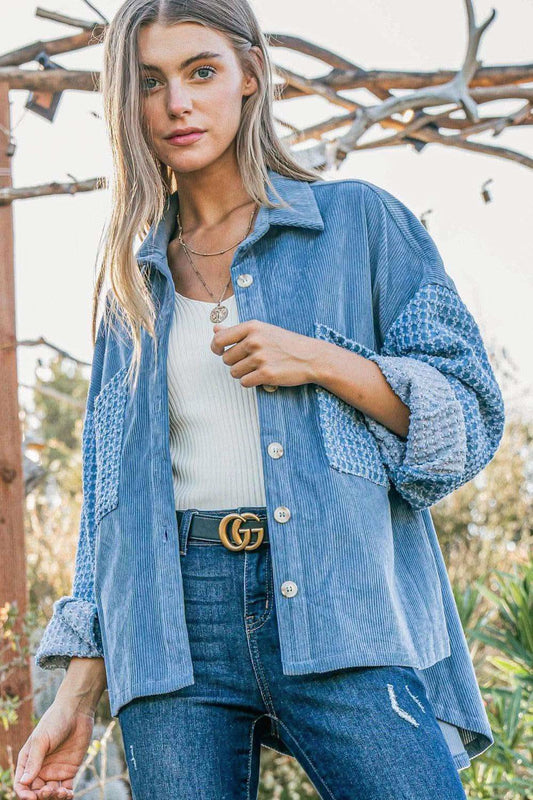And The Why Button Down Corduroy Contrast Texture Long Sleeve Shacket in Blue - tops photo