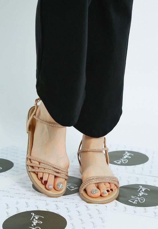 Nobbity Rhinestone Pearl Detail Flat Sandals - SwagglyLife Home & Fashion