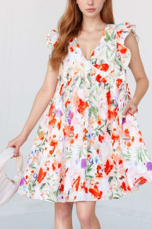 Floral Double Ruffle Sleeve V Neck Mini Dress in - Dresses photo