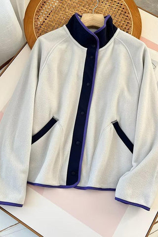 Double Take Snap Down Contrast Fleece Jacket with Pockets