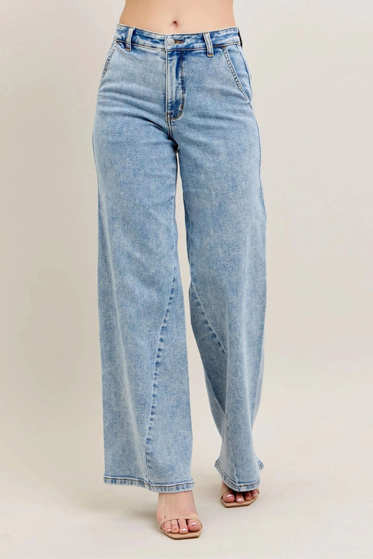 Judy Blue Full Size High Waist Wide Leg Jeans with Skewed Inseam Plus Size in LT - photo