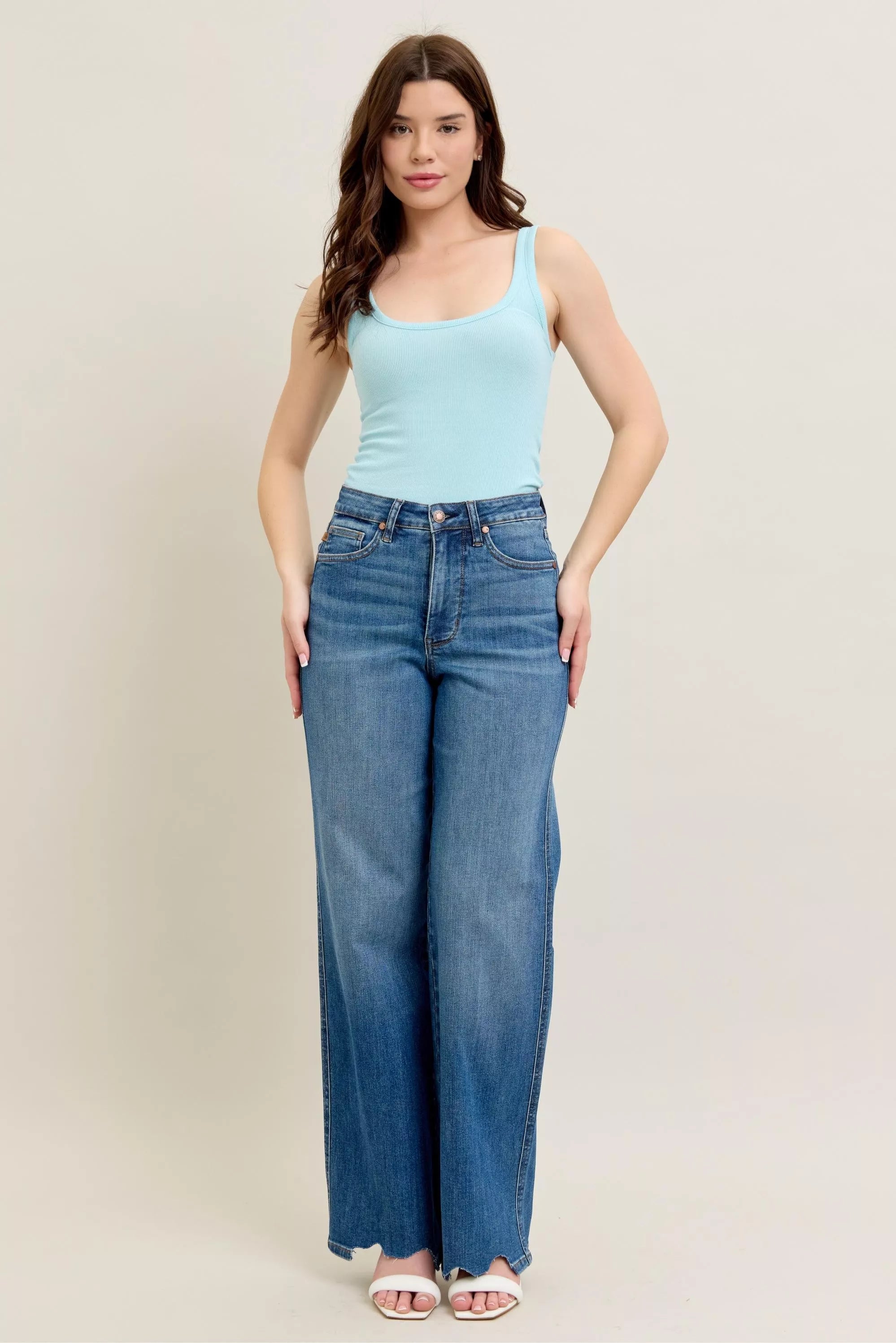 Judy Blue Full Size High Waist Tummy Control Chew Hem Destroy Wide Jeans Plus Size in - photo