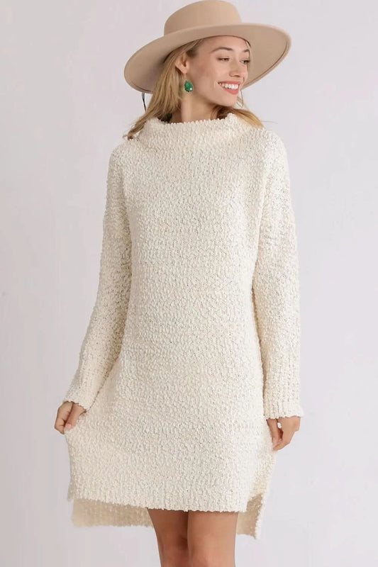 Umgee Full Size High Low Long Sleeve Boucle Sweater Dress Plus Size in Cream - photo