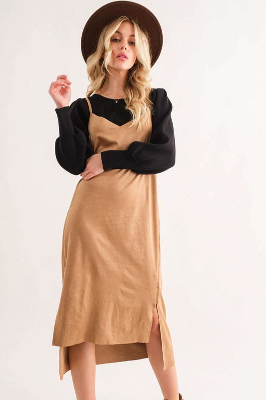 And The Why Faux Suede Cut Edge Slit Cami Midi Dress in - Dresses photo