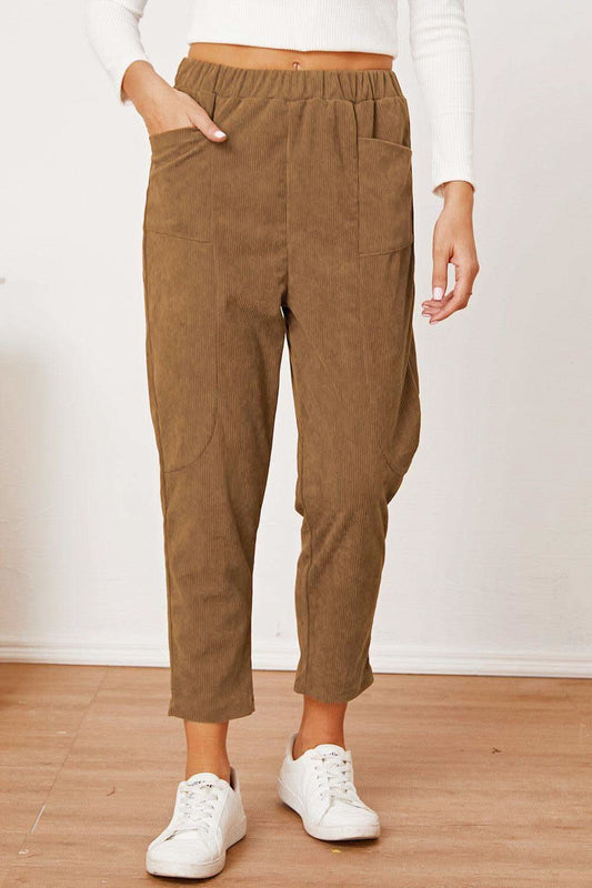 Pocketed Elastic Waist Pants in Camel - Pants photo