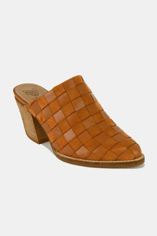 Beast Fashion Woven Checkerboard Block Heel Mule Shoes in Caramel - photo