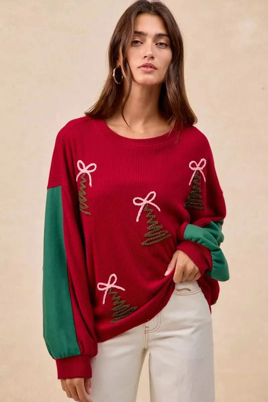 BiBi Christmas Theme Tree Embroidered Sweater in RED - photo