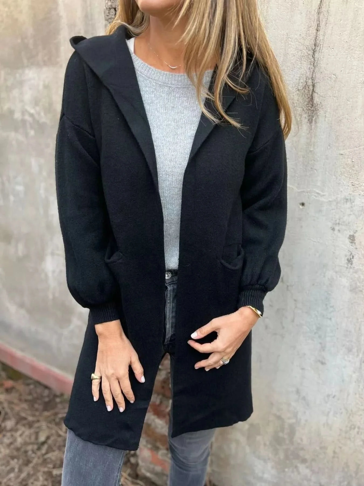 Full Size Open Front Drop Shoulder Hooded Cardigan Plus Size - Black
