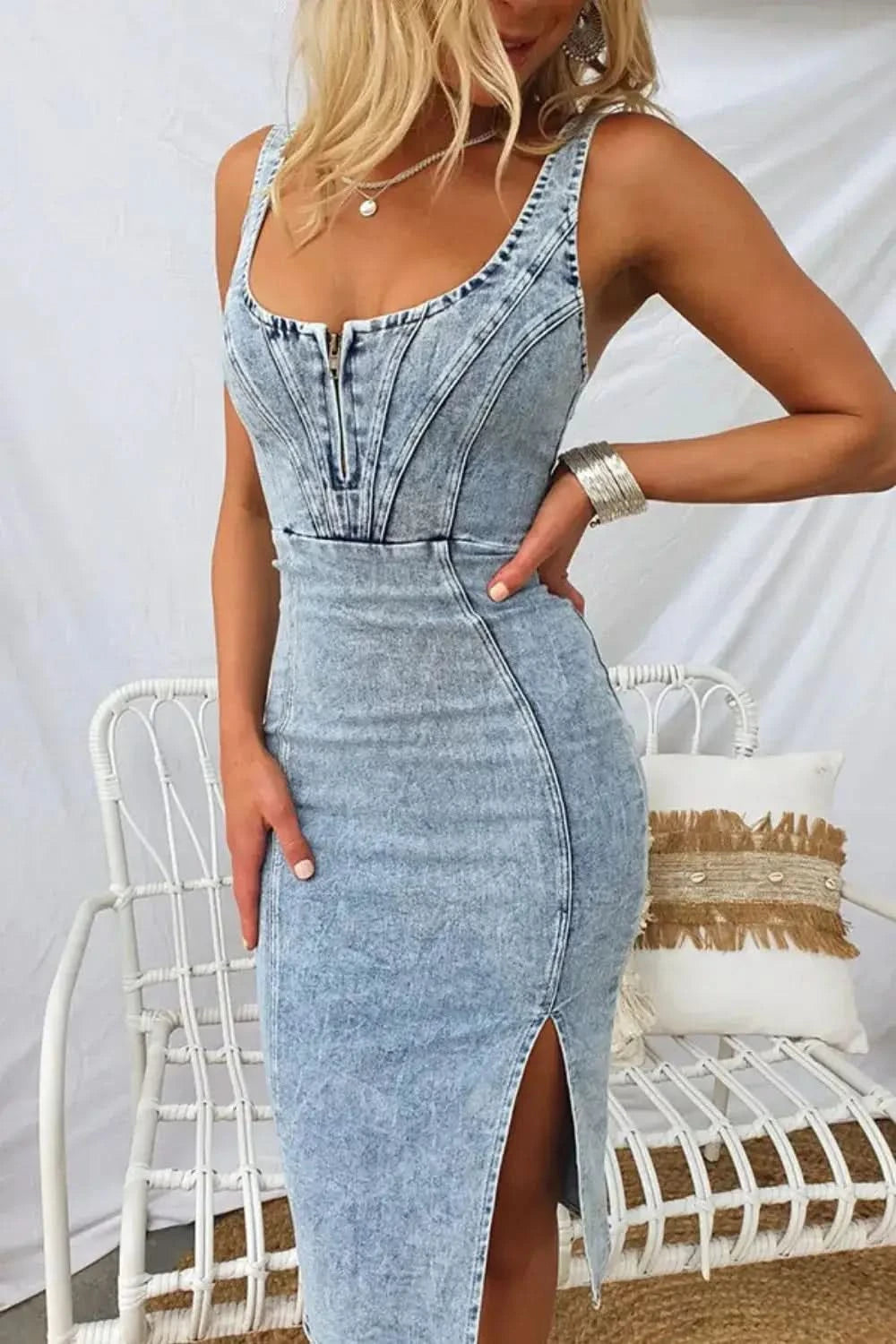 Side Slit Washed Scoop Neck Denim Dress - SwagglyLife Home & Fashion
