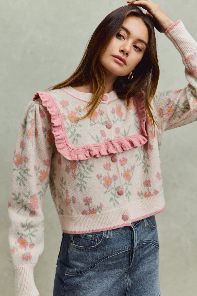 SO ME Flower With Ruffle Detailing Sweater Cardigan in - photo