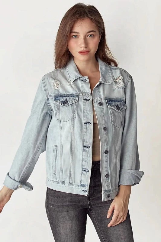RISEN Distressed Button Up Jacket in Light - photo