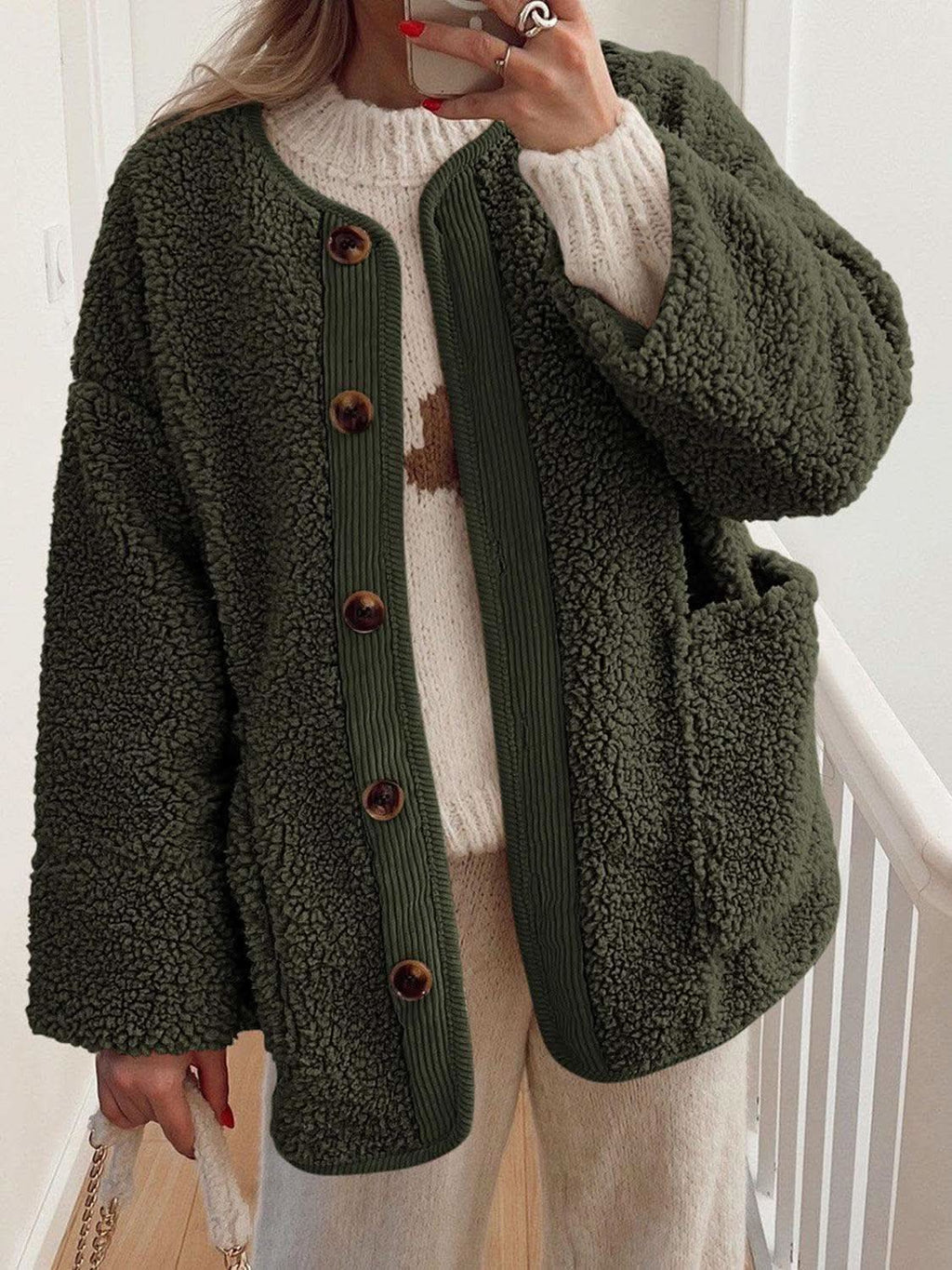 Contrast Button Up Sherpa Jacket with Pockets - SwagglyLife Home & Fashion