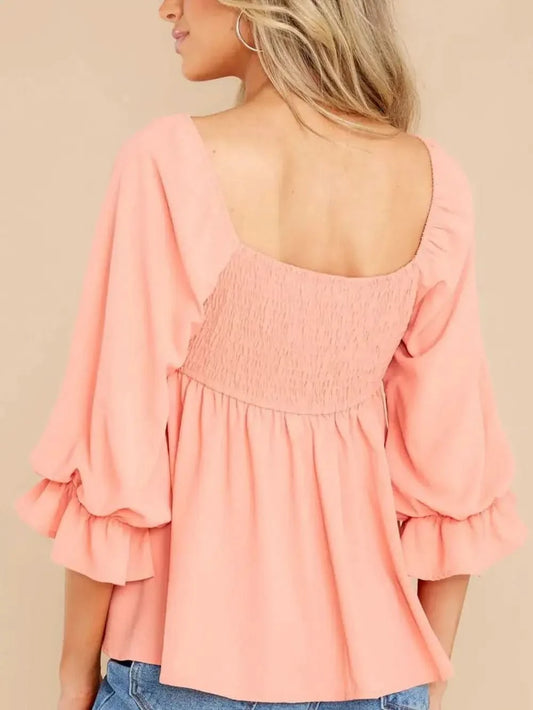 Smocked Square Neck Flounce Sleeve Blouse in - photo