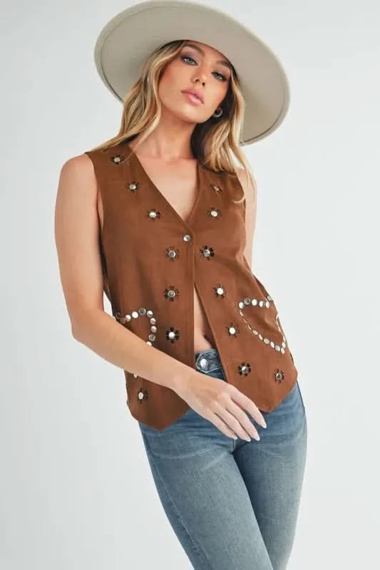 Aemi + Co Heart Rivet Detail Suede Vest Coat in - photo