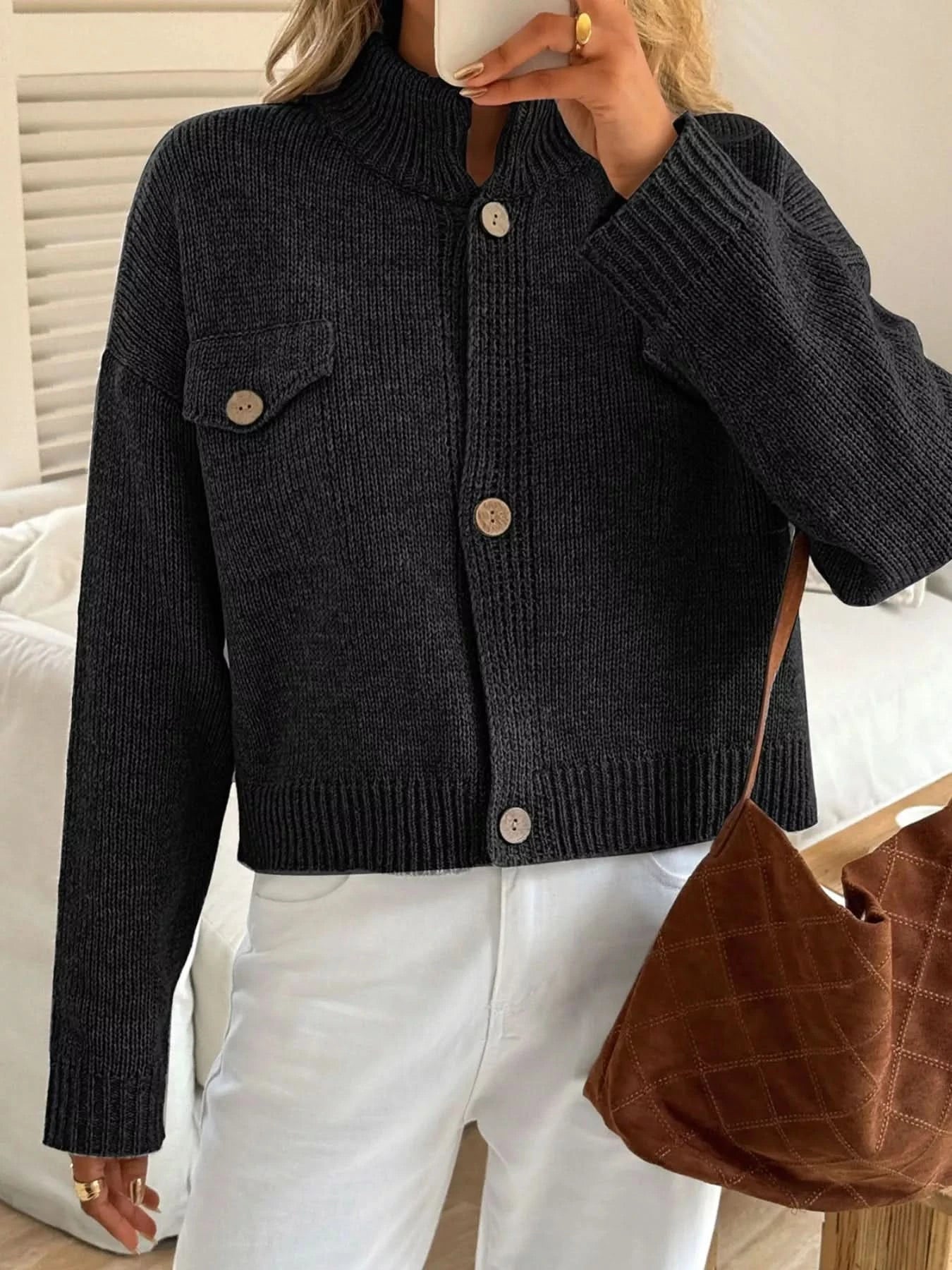 Button-Down Knit Cardigan in Black - photo