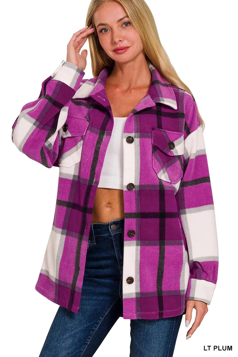 Zenana Oversized Plaid Fleece Shacket - SwagglyLife Home & Fashion