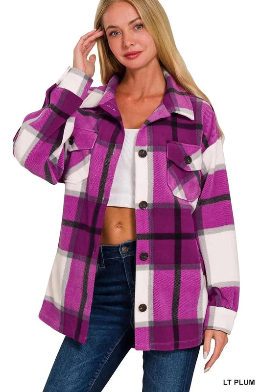 Zenana Oversized Plaid Fleece Shacket in - photo