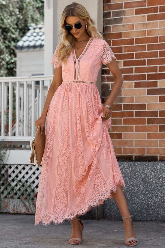 Ella Scalloped Trim Lace Plunge Dress, Multiple Colors in Coral - Dresses photo