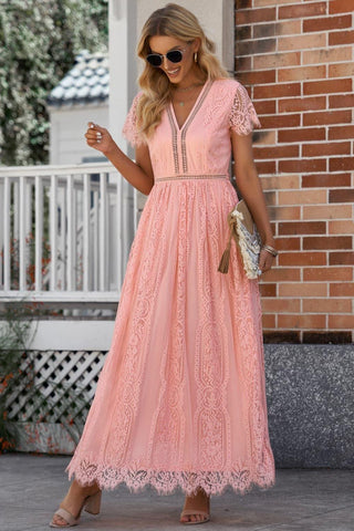 Scalloped Trim Lace Plunge Dress, Multiple Colors - SwagglyLife Home & Fashion