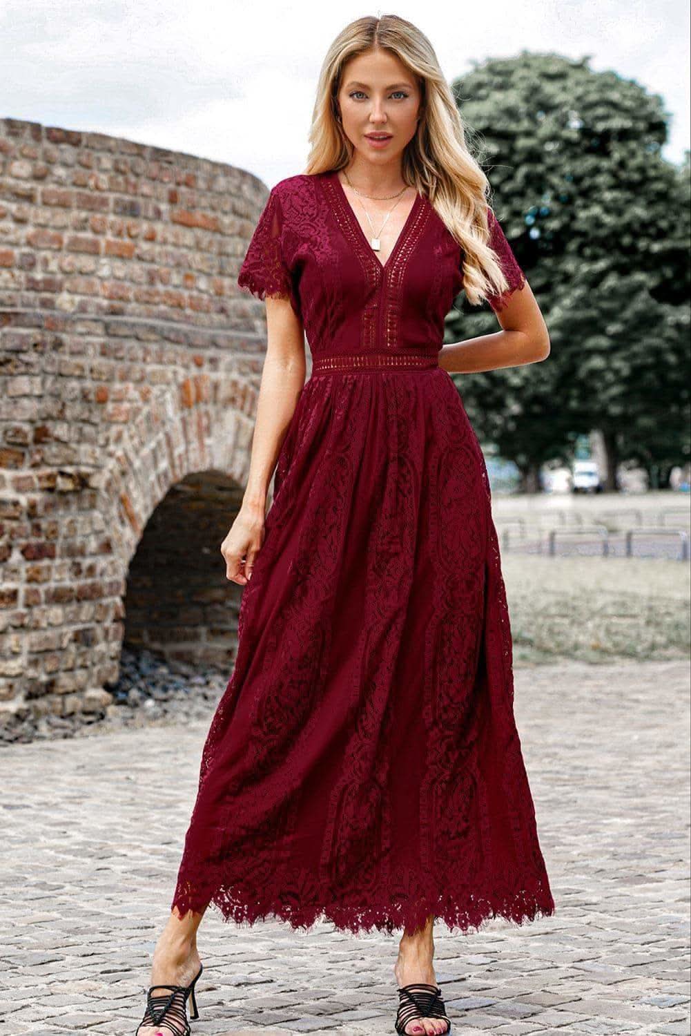 Ella Scalloped Trim Lace Plunge Dress, Multiple Colors in Wine - Dresses photo