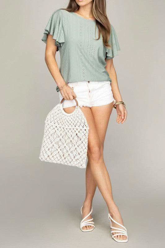 Embroidered Eyelet Top with Wing Sleeve, 2 Colors in - photo