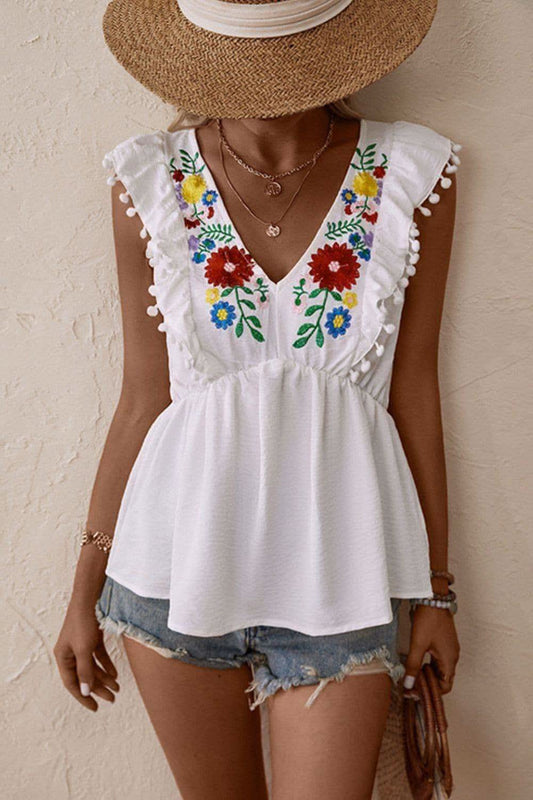 Embroidered Pom-Pom Trim Cap Sleeve Babydoll Top in White - Shirts & Tops photo
