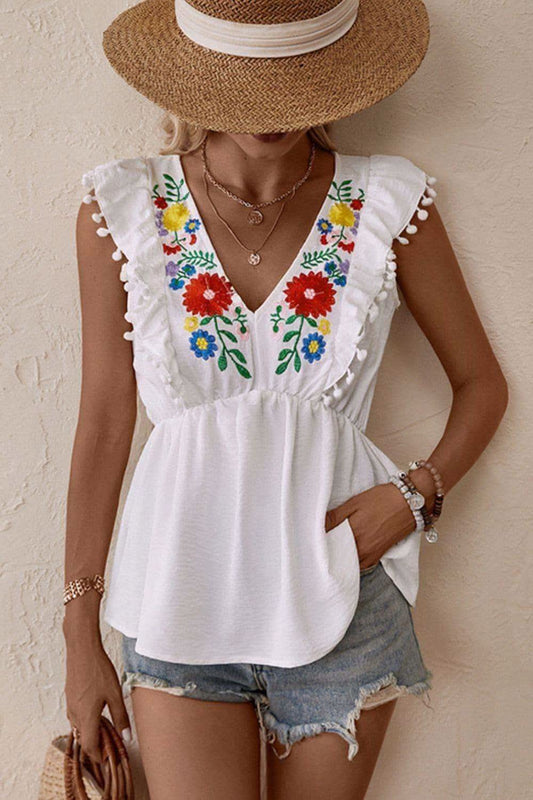 Embroidered Pom-Pom Trim Cap Sleeve Babydoll Top in - Shirts & Tops photo