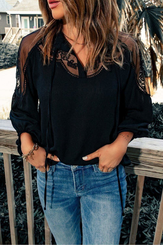 Embroidered Tie-Neck Puff Sleeve Blouse - Black