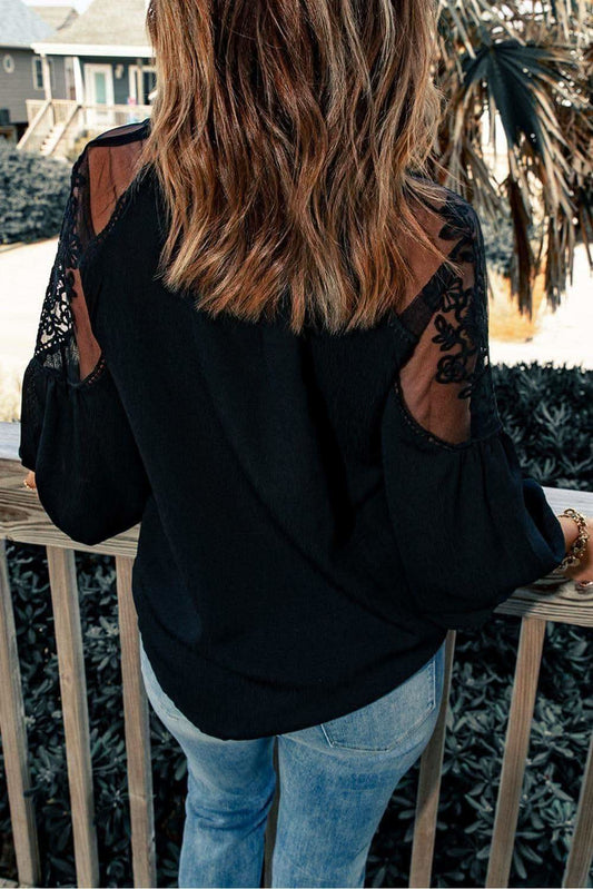 Embroidered Tie-Neck Puff Sleeve Blouse -