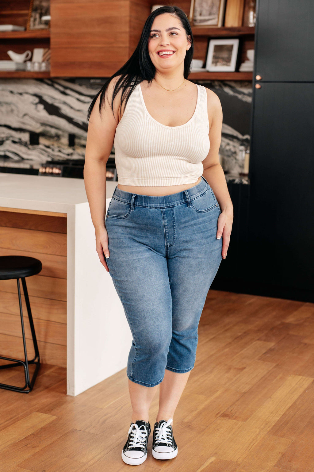 Emily High Rise Cool Denim Pull On Capri Jeans in - Denim photo