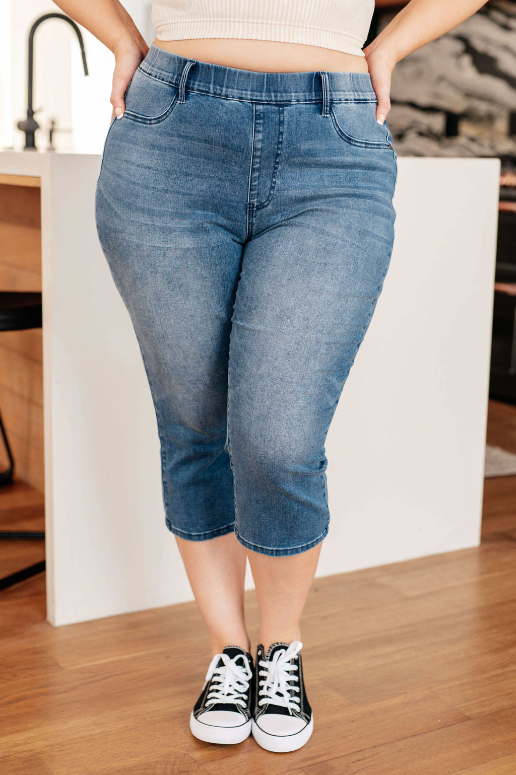 Emily High Rise Cool Denim Pull On Capri Jeans in - Denim photo
