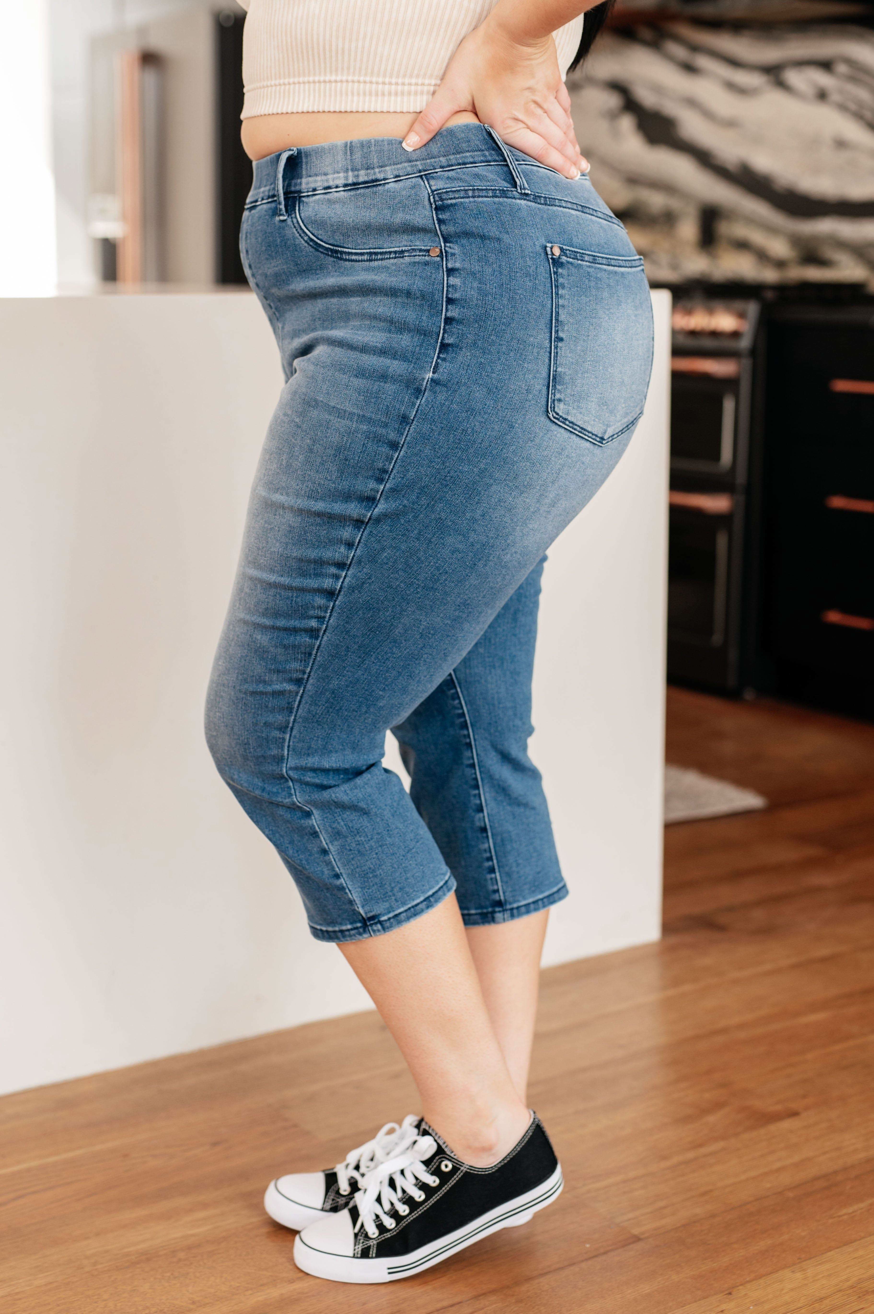 Emily High Rise Cool Denim Pull On Capri Jeans in - Denim photo